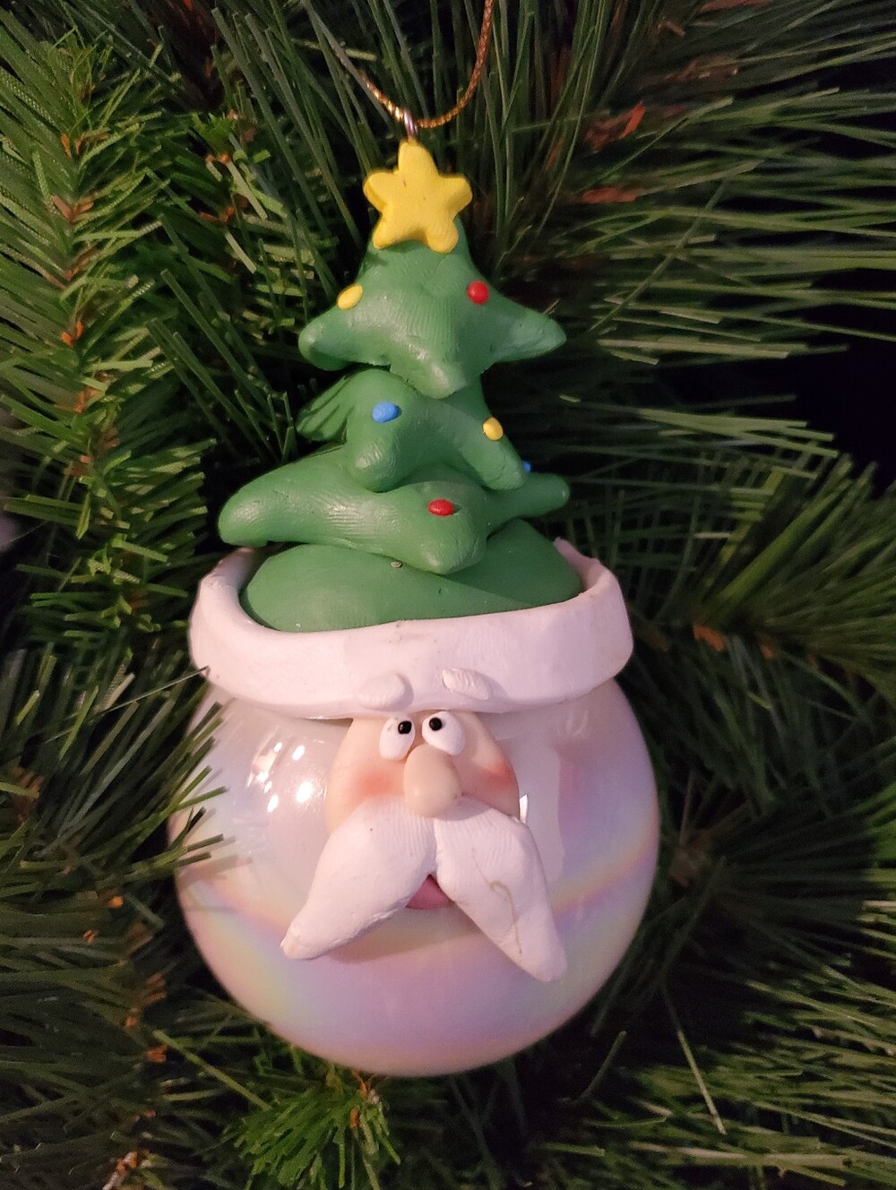 Polymer Clay & Iridescent Glass Ball Santa Head Ornament Vintage